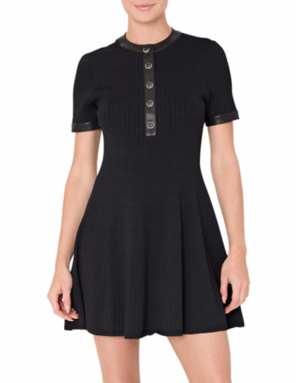 Leather Detail Flare Knit Dress | Black