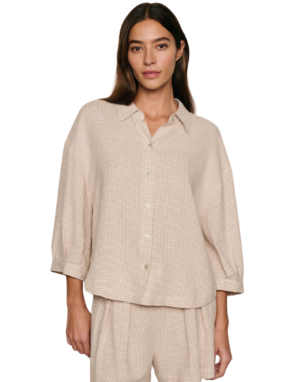 Linen Blend Top | Gingham White/Taupe