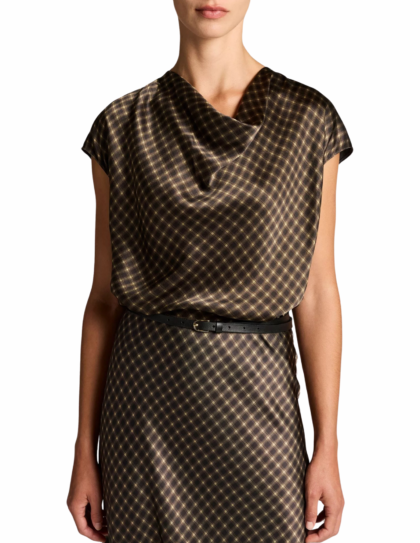 Ombré Plaid Silk Cowl Neck Blouse